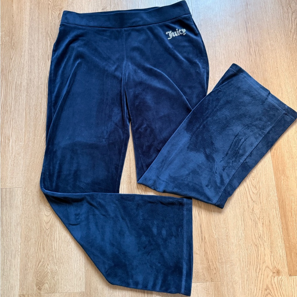 Juicy Couture Navy Blue Velour Flared Lounge Pants with Rhinestone Accents Women